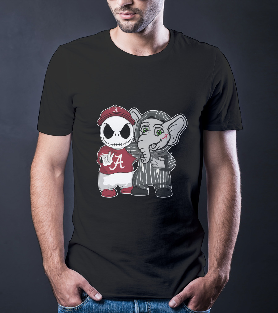 Alabama Crimson Tide Jack Skellington With Elephant In Striped T-Shirt