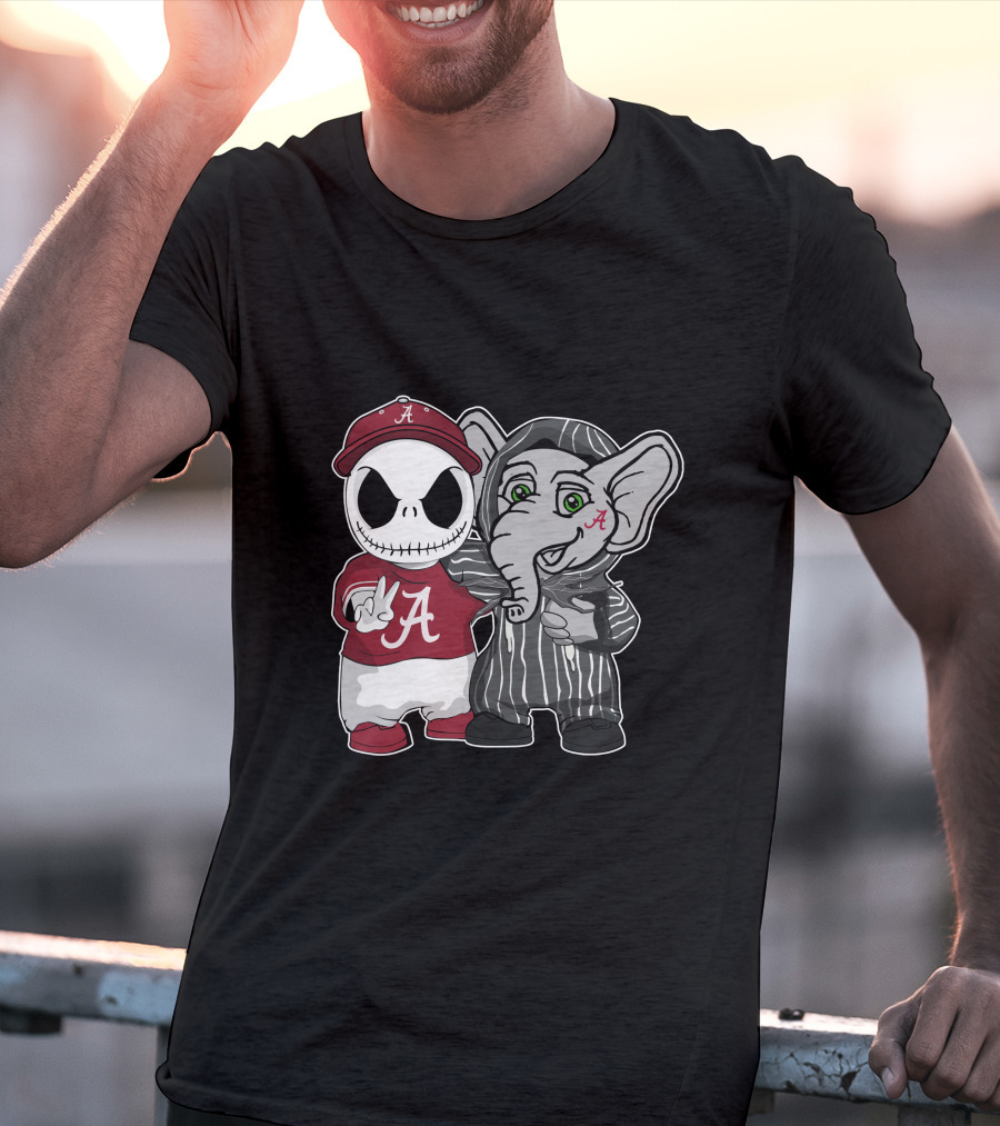 Alabama Crimson Tide Jack Skellington With Elephant In Striped T-Shirt