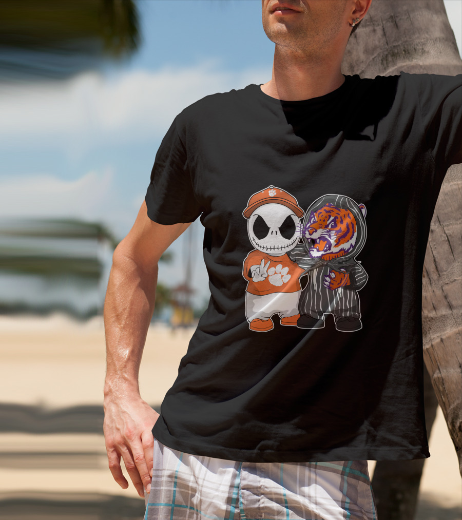 Jack Skellington Clemson Tigers Fan With Tiger Mascot Hugging T-Shirt