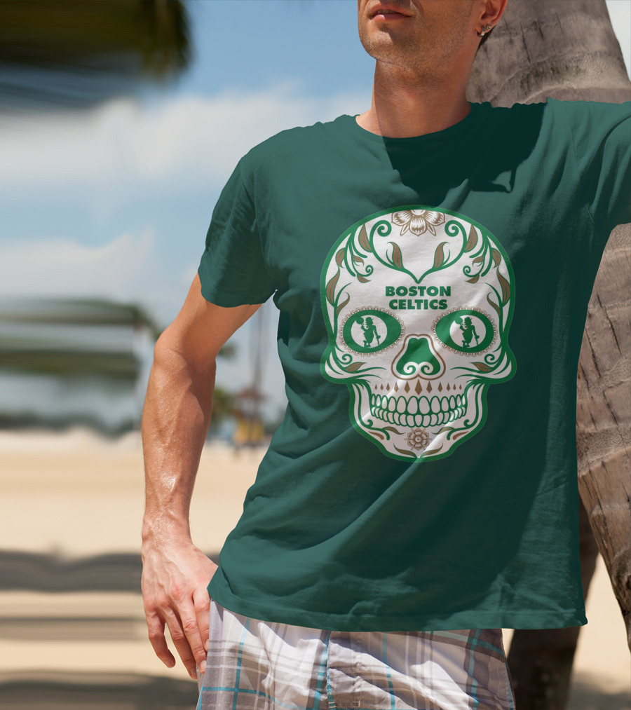 Boston Celtics Skull With Celtic Symbols And Basketball Mascot T-Shirt
