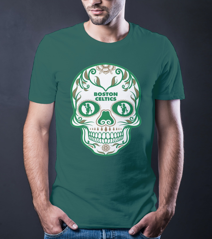 Boston Celtics Skull With Celtic Symbols And Basketball Mascot T-Shirt