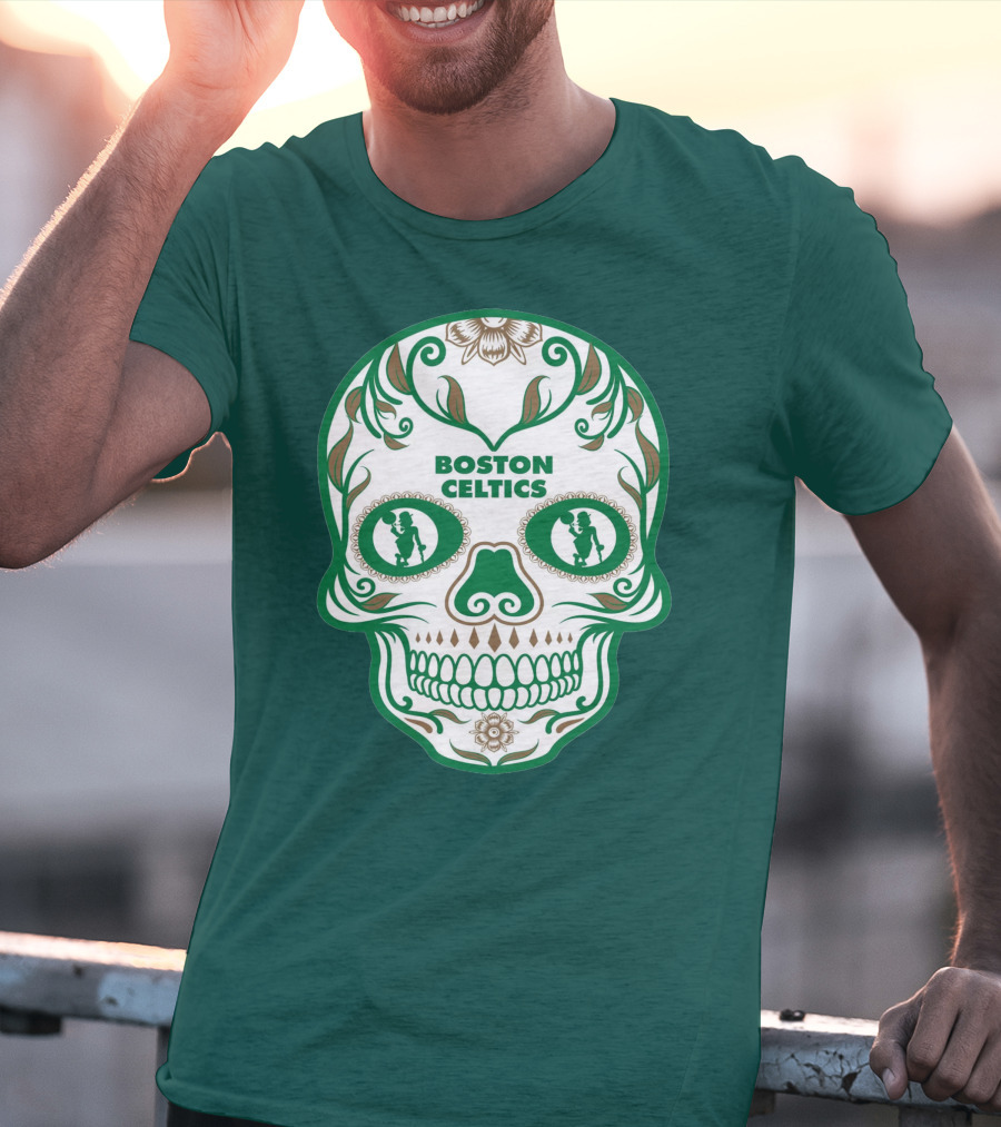 Boston Celtics Skull With Celtic Symbols And Basketball Mascot T-Shirt