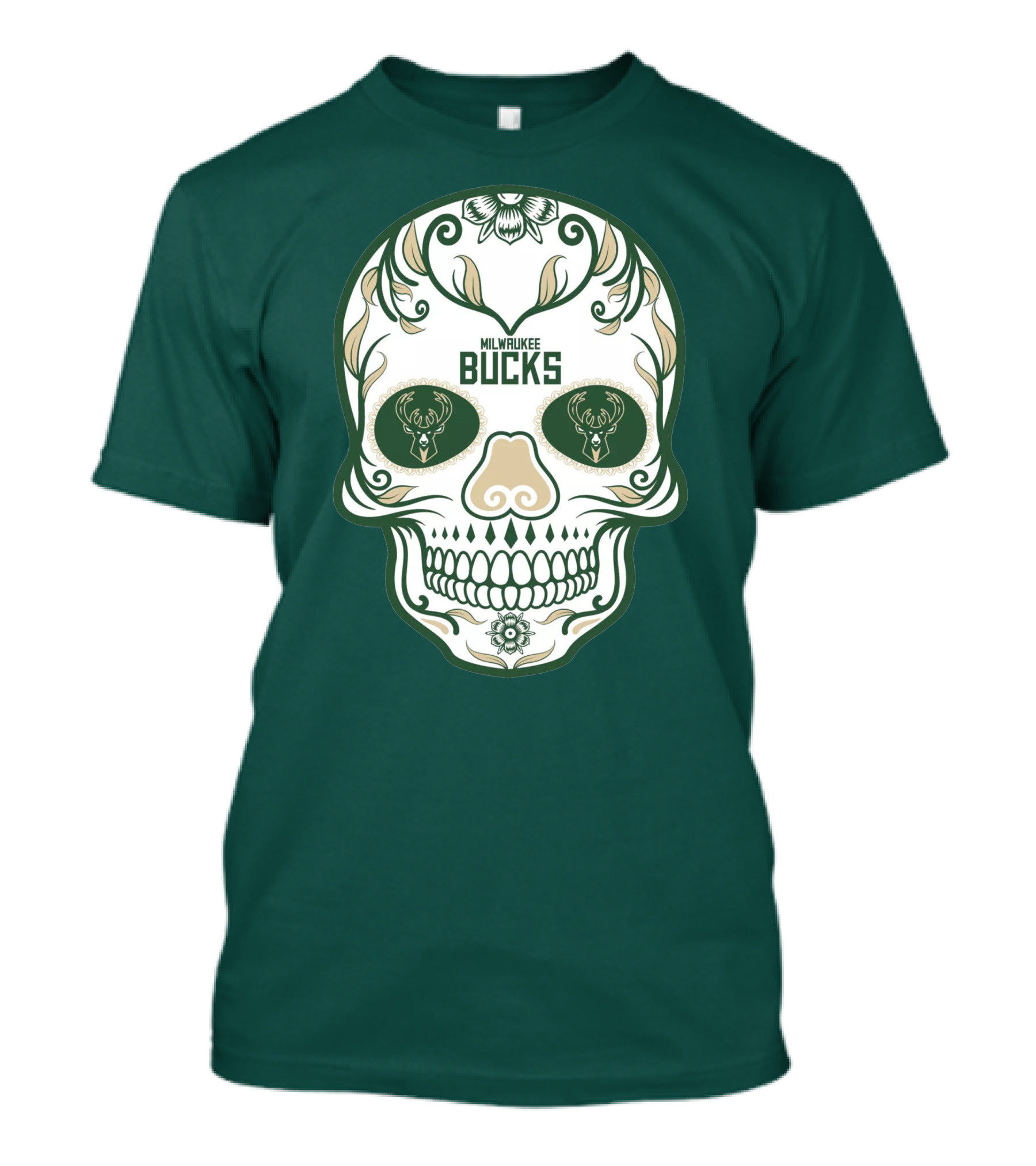 Milwaukee Bucks Skull Deer Logo Floral T-Shirt