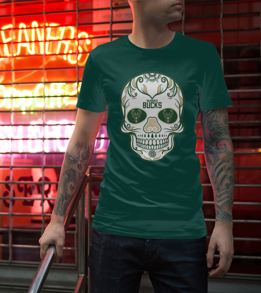 Milwaukee Bucks Skull Deer Logo Floral T-Shirt
