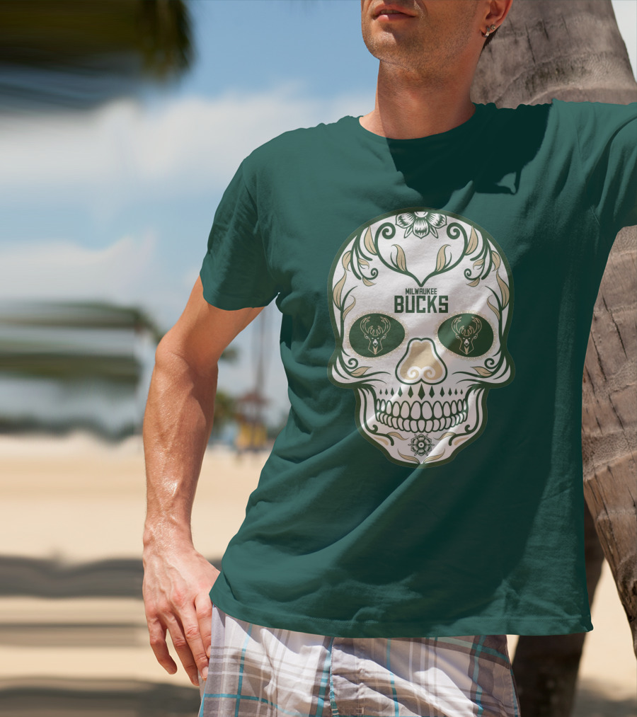 Milwaukee Bucks Skull Deer Logo Floral T-Shirt