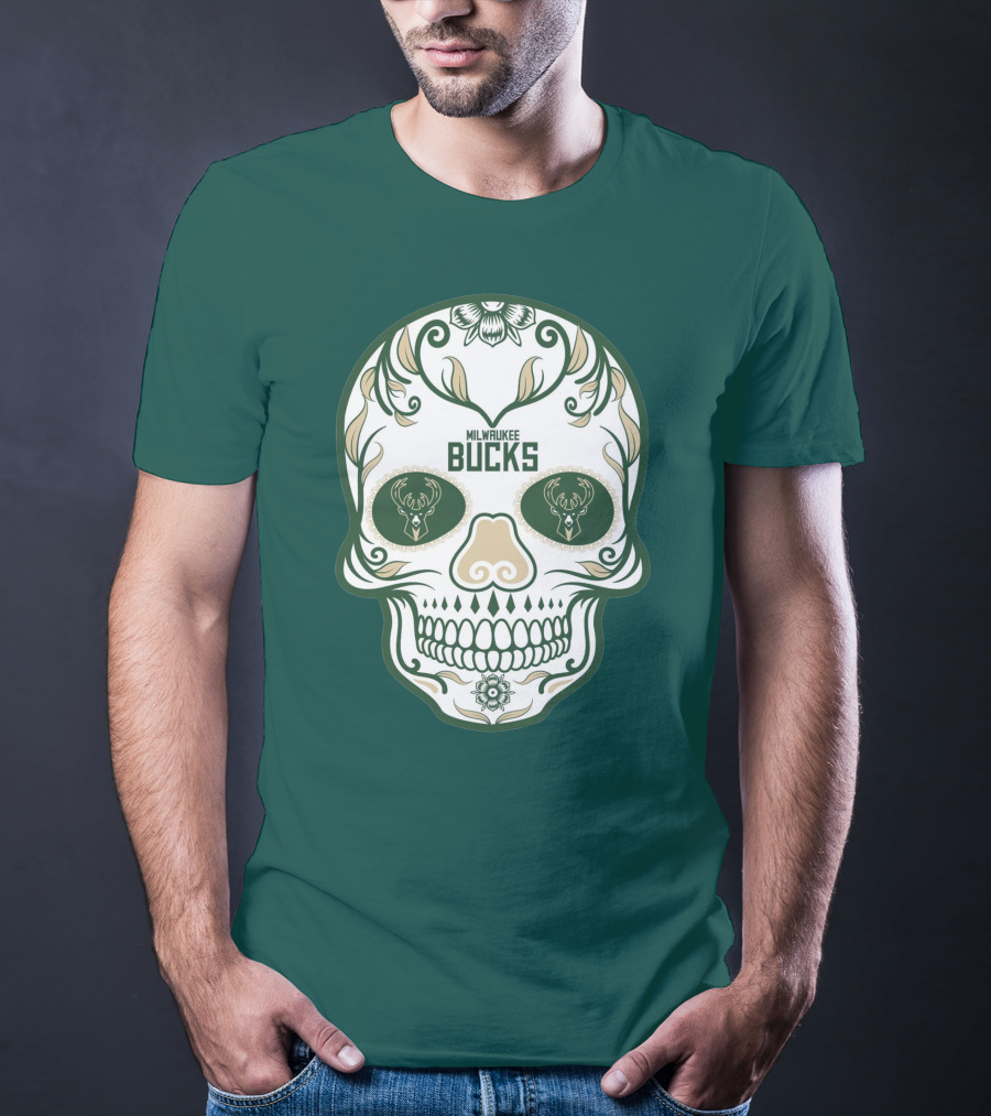 Milwaukee Bucks Skull Deer Logo Floral T-Shirt