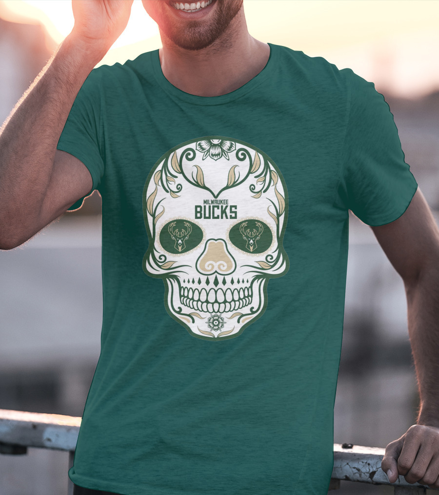 Milwaukee Bucks Skull Deer Logo Floral T-Shirt