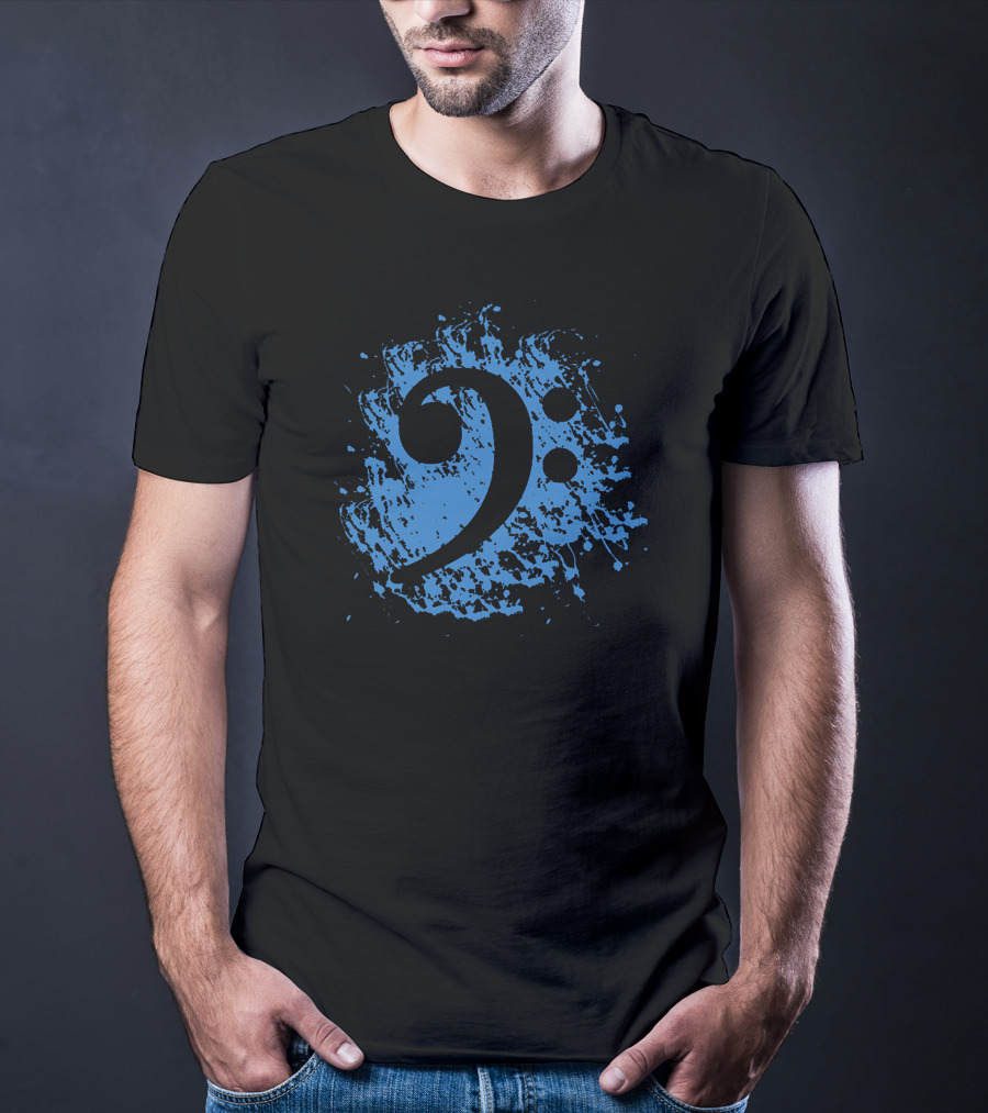 Bass Clef On Blue Splatter Background T-Shirt