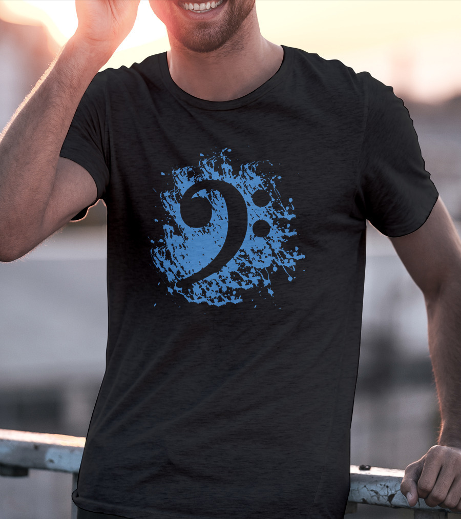 Bass Clef On Blue Splatter Background T-Shirt