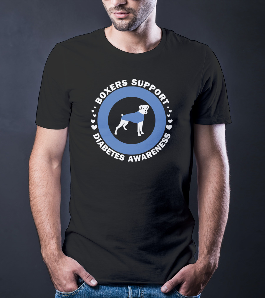 Boxers Support Diabetes Awareness With Heart Symbols And Boxer In Blue Circle T-Shirt