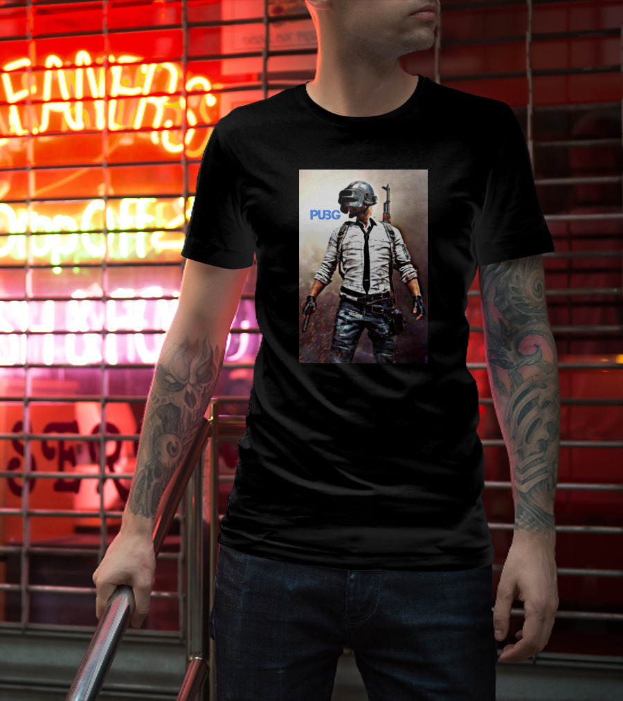 PUBG Battlegrounds Helmet Character With Gun And Tie T-Shirt