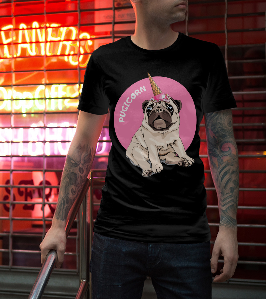 Pugicorn Ice Cream Cone Hat Sitting Pug Pink Circle T-Shirt