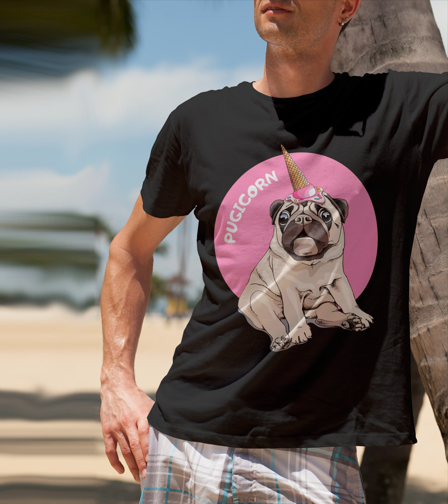 Pugicorn Ice Cream Cone Hat Sitting Pug Pink Circle T-Shirt