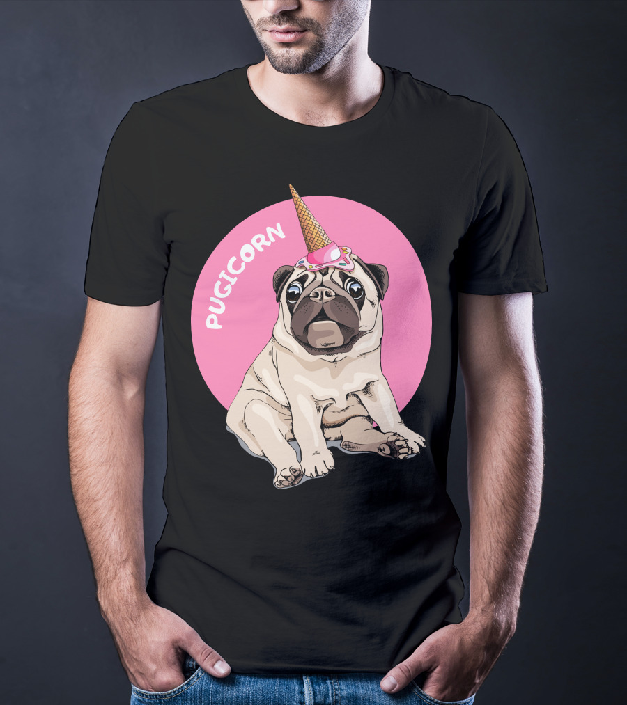 Pugicorn Ice Cream Cone Hat Sitting Pug Pink Circle T-Shirt