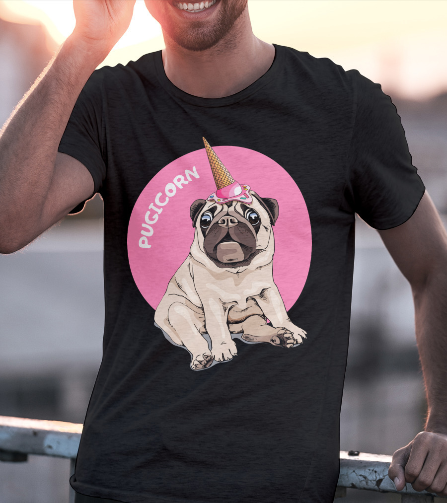 Pugicorn Ice Cream Cone Hat Sitting Pug Pink Circle T-Shirt