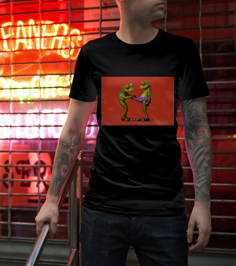 Quite Frog Green Figurines On Red Background With Purple Shorts T-Shirt