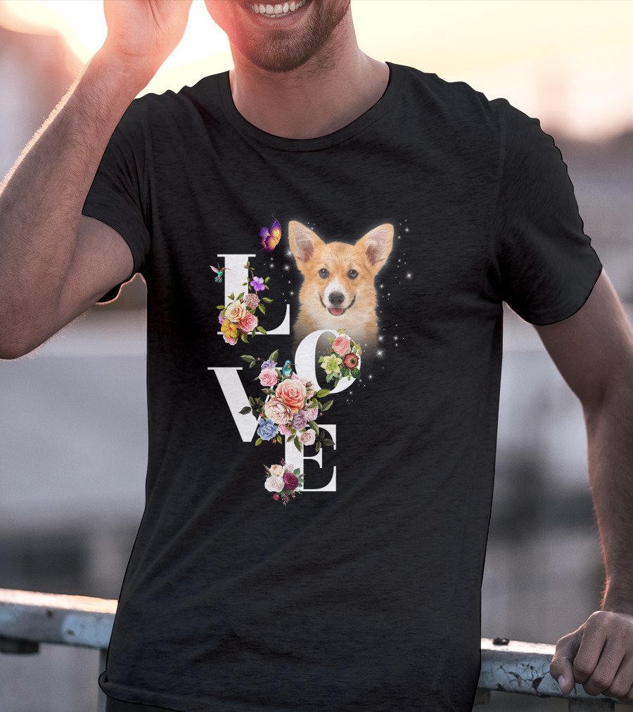 Love Corgi Floral Butterflies Sparkle T-Shirt