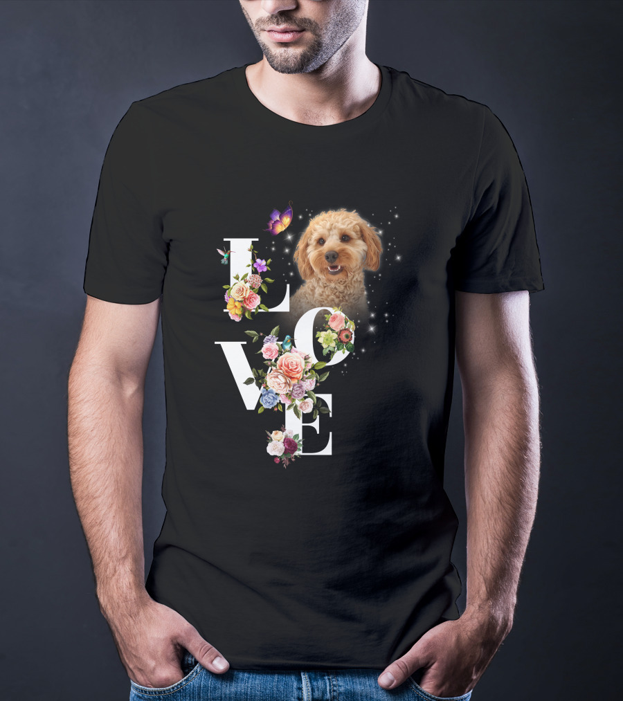 LOVE Goldendoodle Floral Butterfly Sparkle T-Shirt