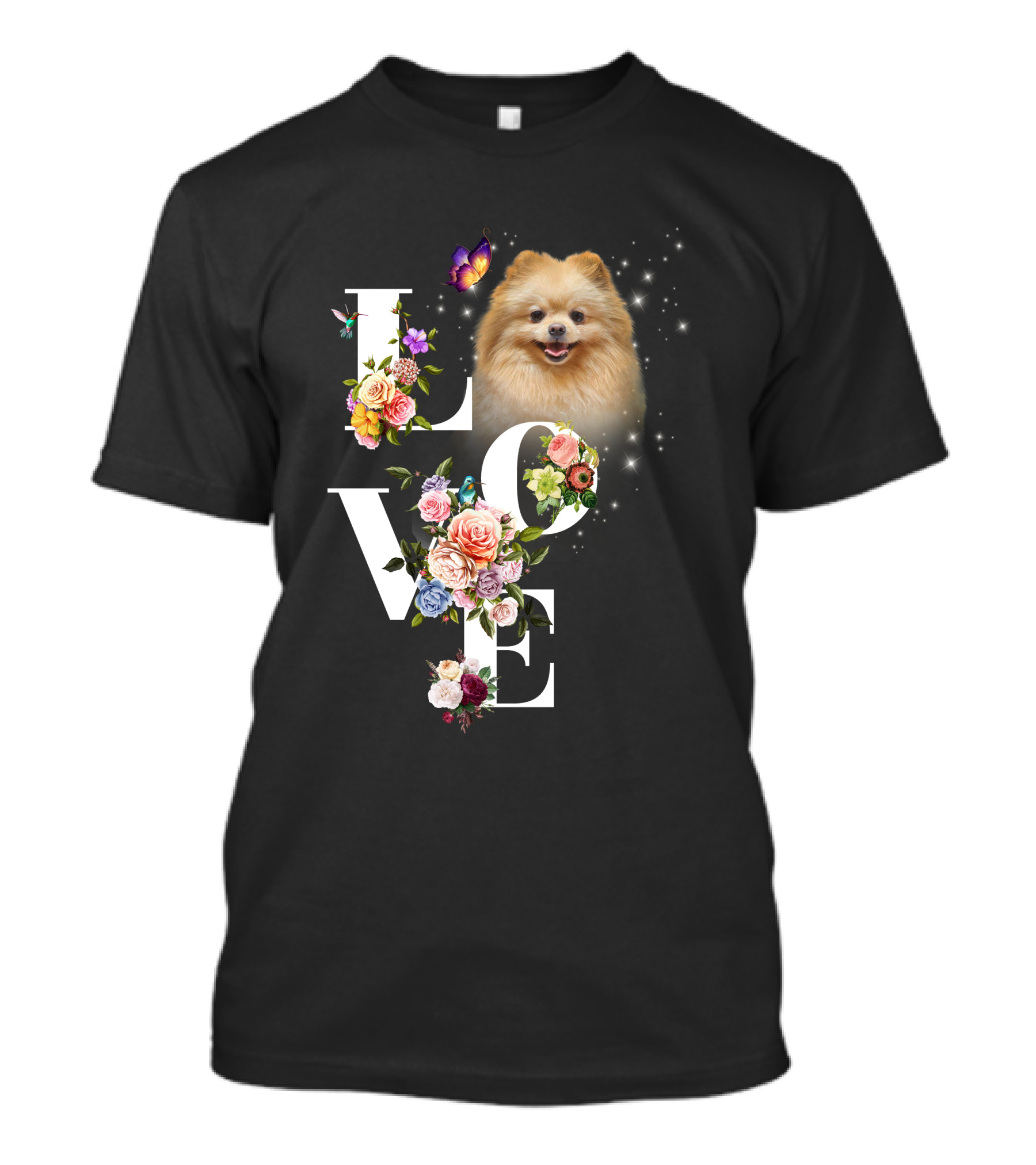 LOVE Pomeranian With Flowers And Butterfly T-Shirt