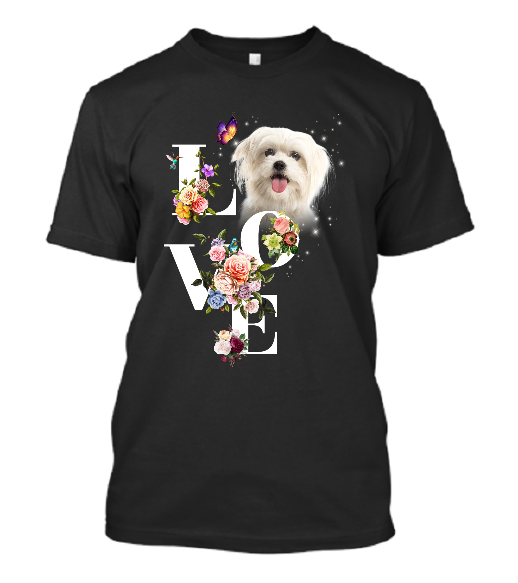 LOVE Maltese Dog Floral Butterfly T-Shirt