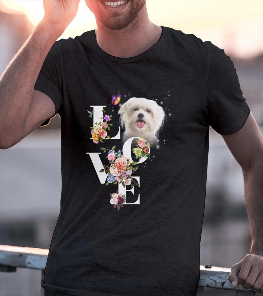 LOVE Maltese Dog Floral Butterfly T-Shirt