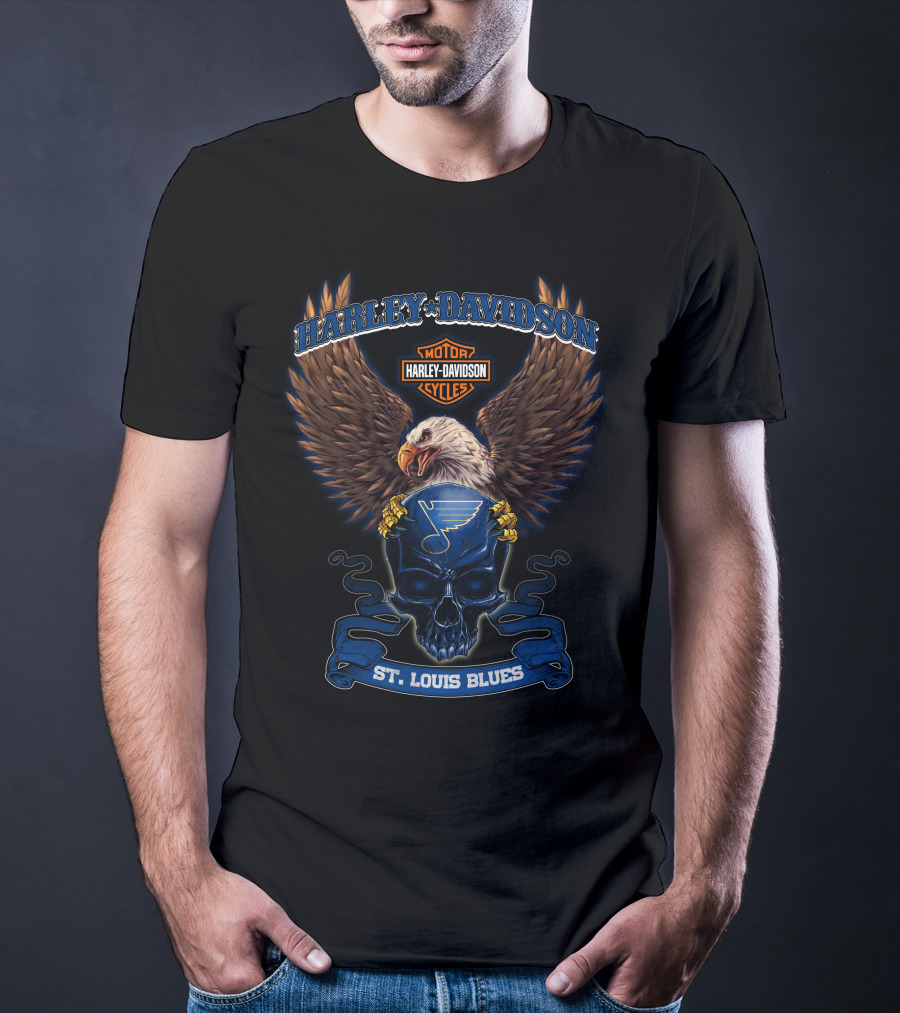 Harley Davidson Motor Cycles St Louis Blues Eagle Skull T-Shirt