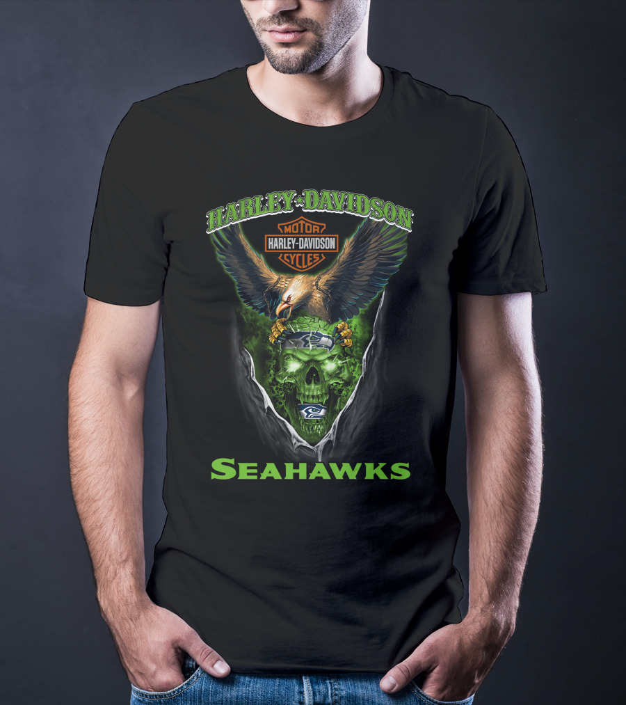 Harley Davidson Motor Cycles Seattle Seahawks Eagle Skull T-Shirt