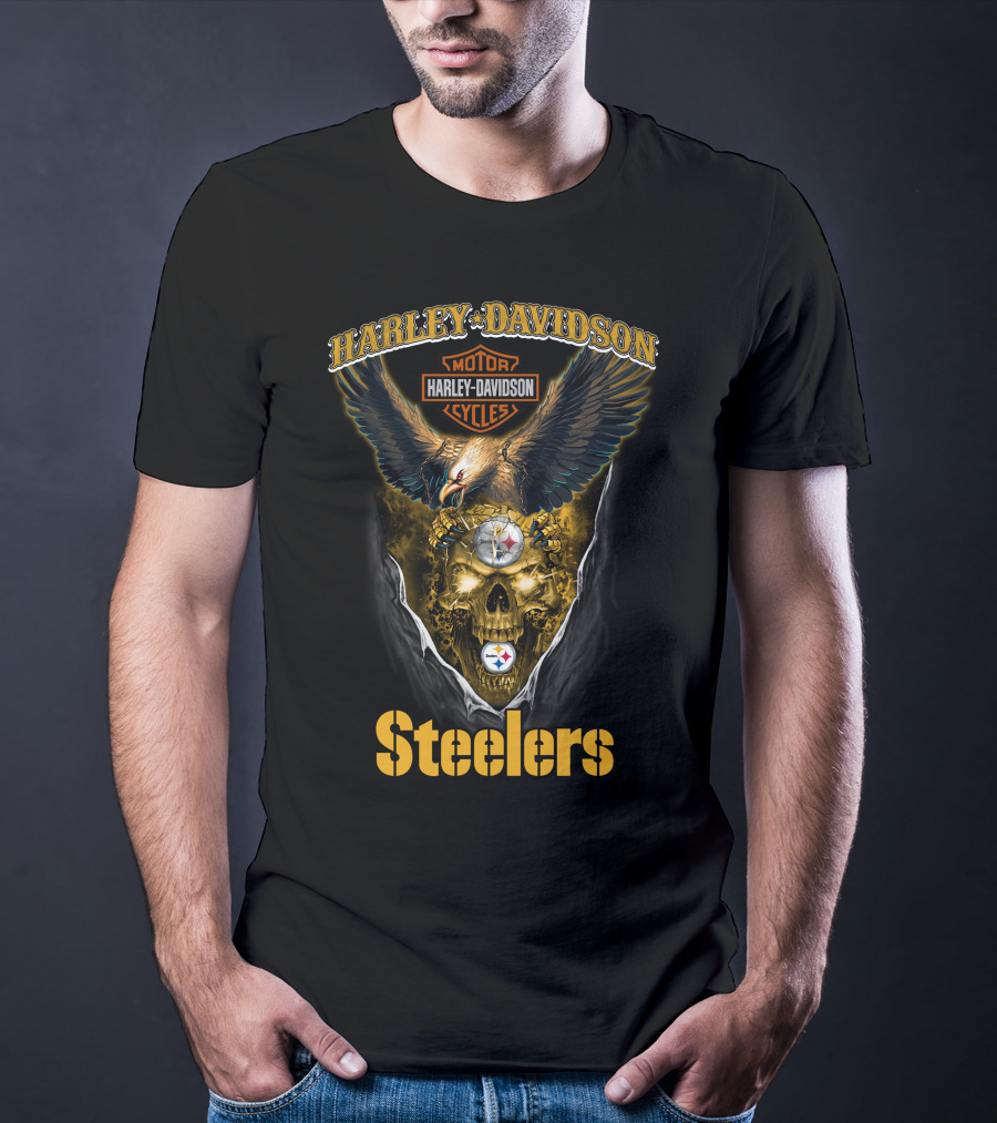 Harley Davidson Motor Cycles Pittsburgh Steelers Eagle Skull Nfl T-Shirt