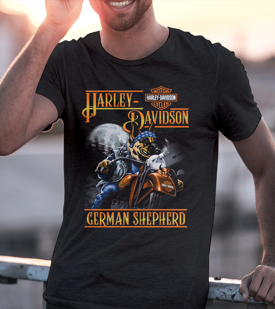 Harley Davidson Motor Cycles German Shepherd Riding Motorcycle Full Moon T-Shirt