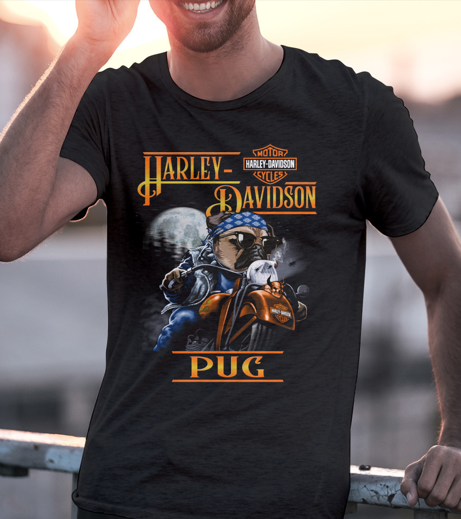 Harley Davidson Motor Cycles Pug Rider Moon Backdrop T-Shirt