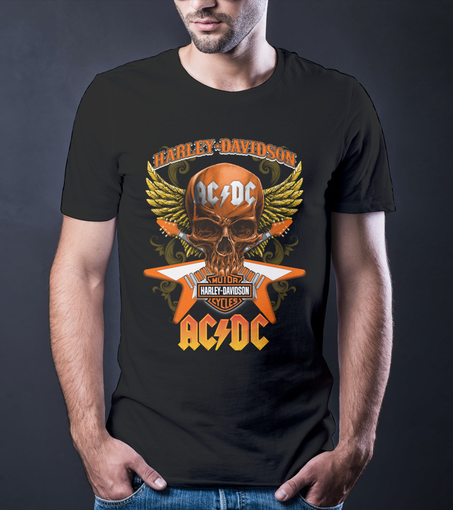 Harley Davidson Ac/Dc Motor Cycles Skull Wings T-Shirt