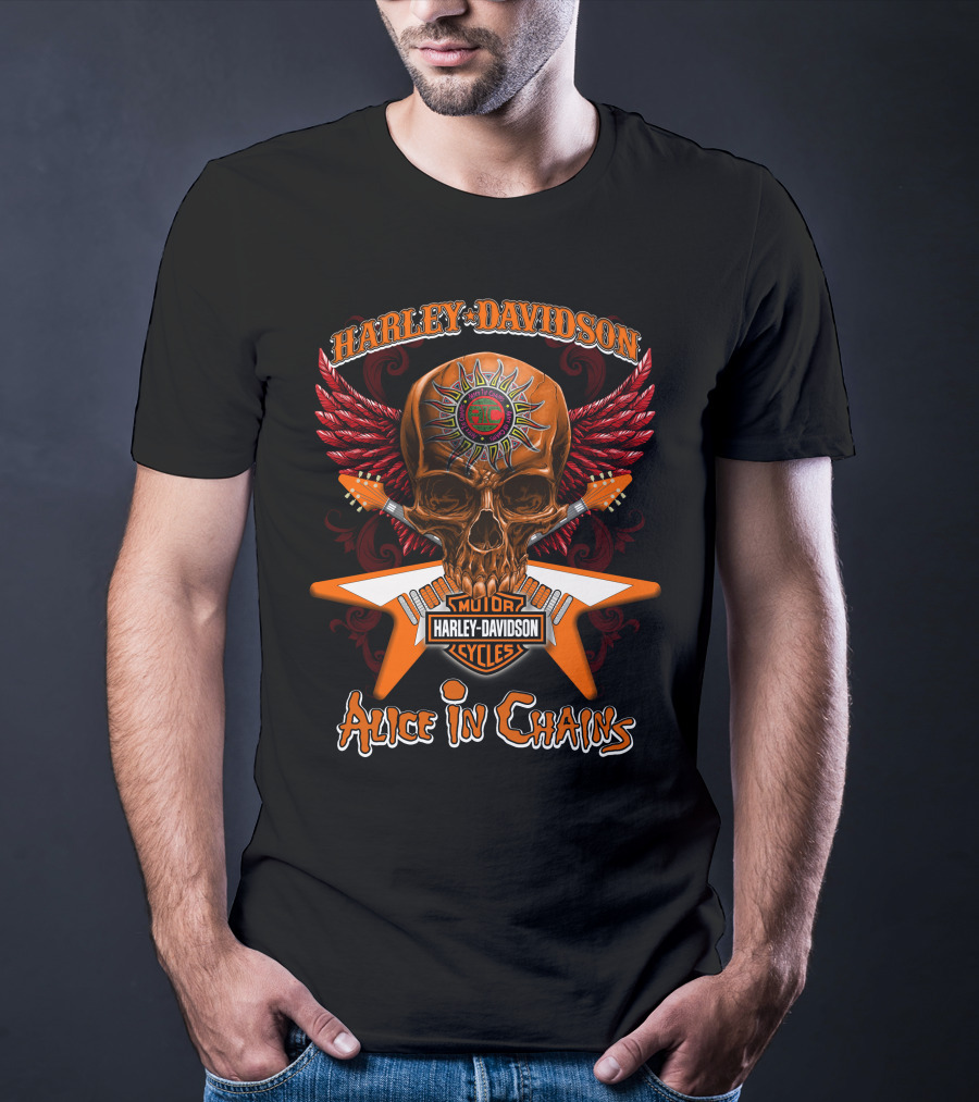 Harley Davidson Motor Cycles Skull Wings Alice In Chains T-Shirt