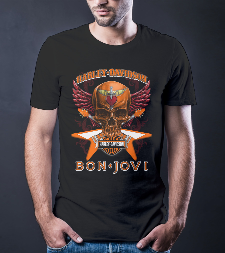 Harley Davidson Bon Jovi Skull Wings Guitar Cycles T-Shirt