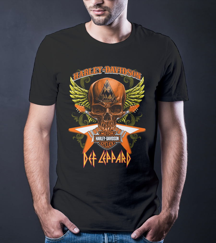 Harley Davidson Motorcycles Def Leppard Skull Wings Guitar T-Shirt