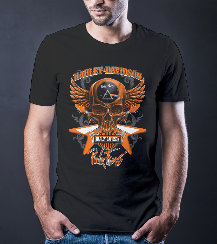 Harley Davidson Pink Floyd Skull Design With Prism And Wings T-Shirt