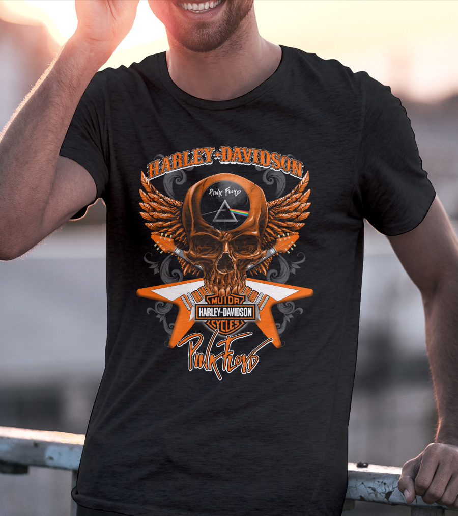 Harley Davidson Pink Floyd Skull Design With Prism And Wings T-Shirt
