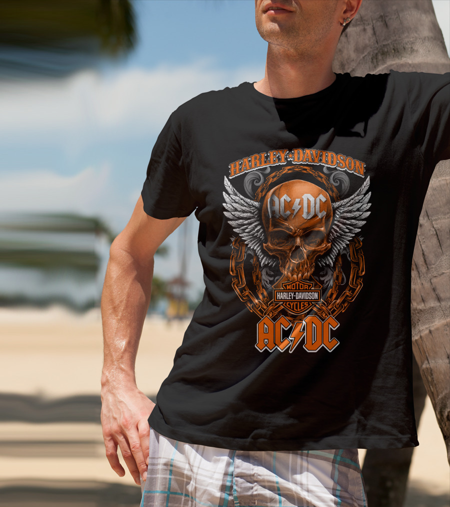 Harley Davidson Acdc Skull With Chains And Wings T-Shirt