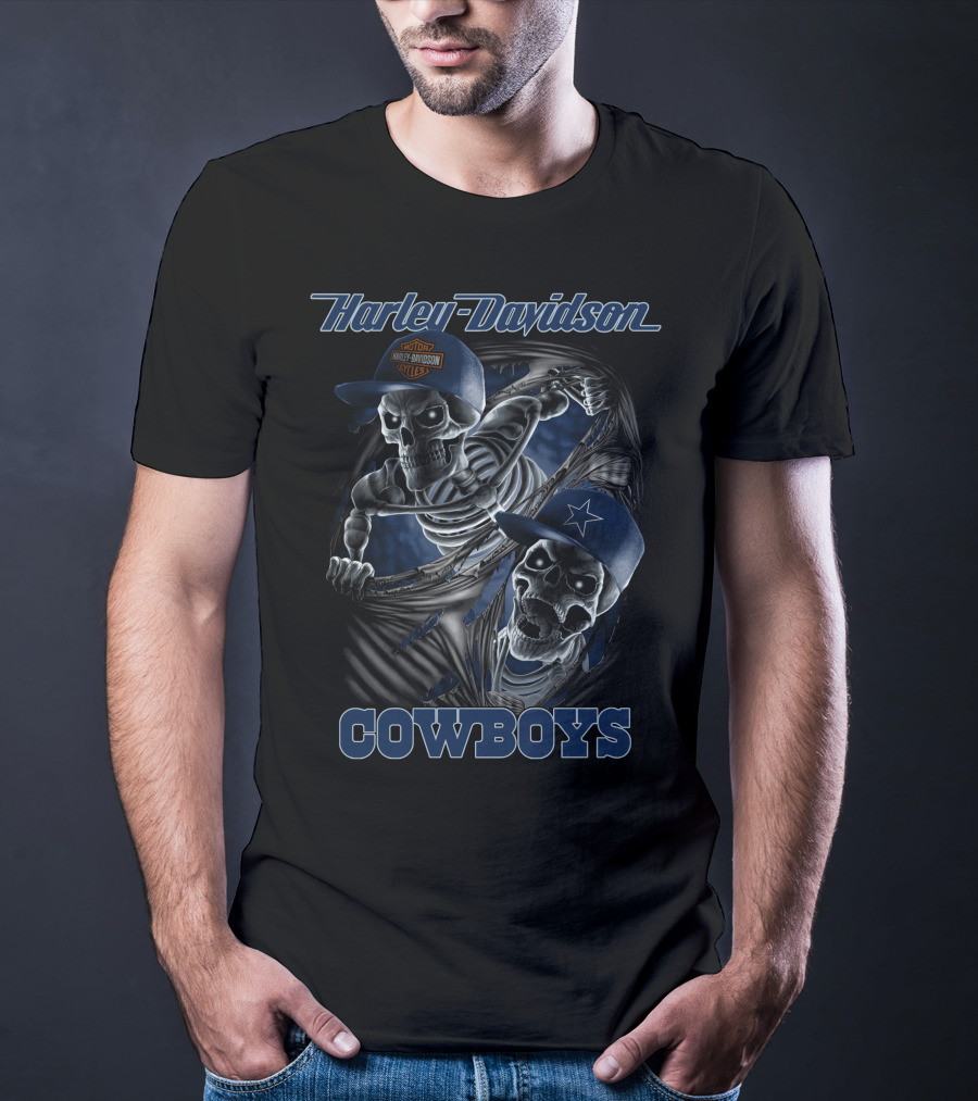 Harley Davidson Cowboys Skeletons In Caps T-Shirt