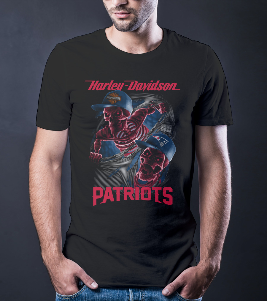 Harley Davidson New England Patriots Skeletons In Baseball Caps T-Shirt