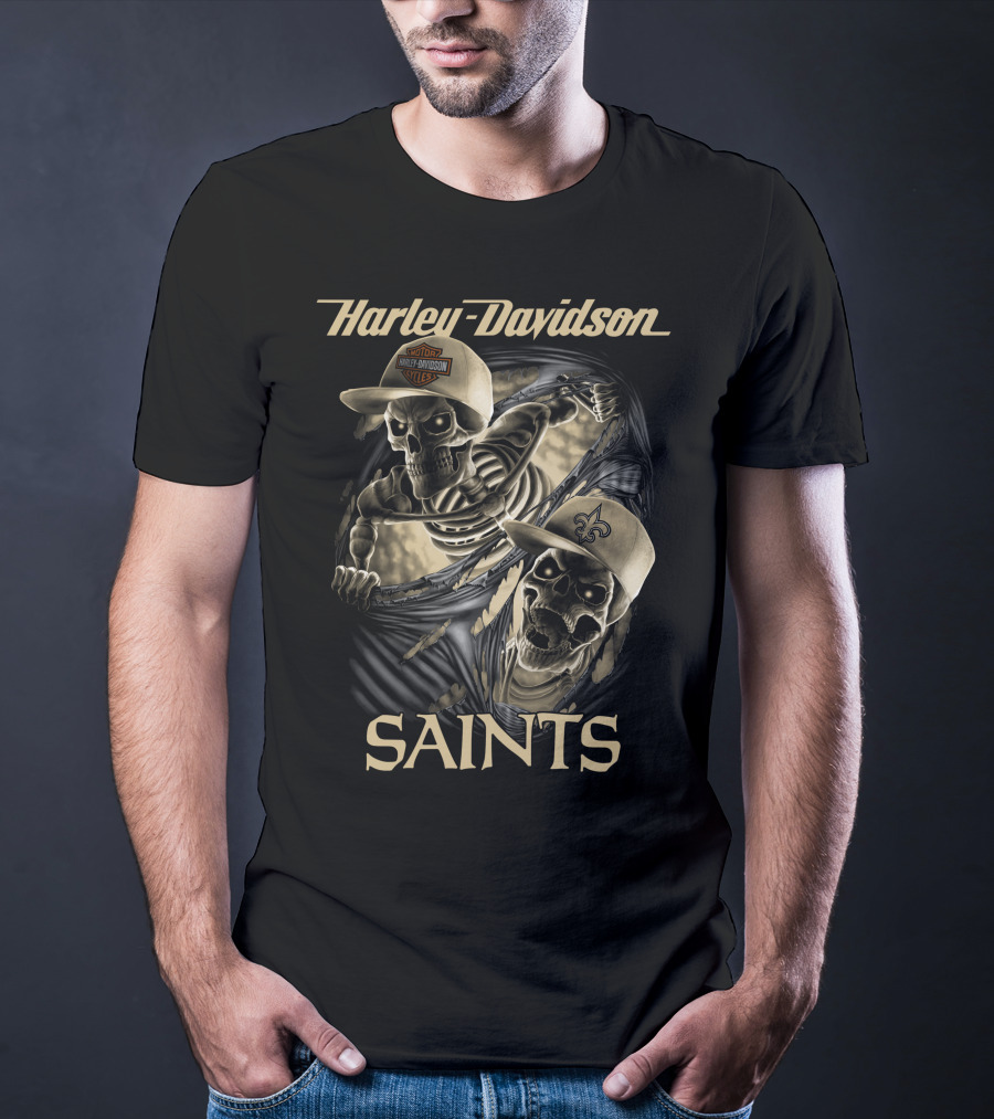 Harley Davidson New Orleans Saints Skeletons Nfl Style T-Shirt