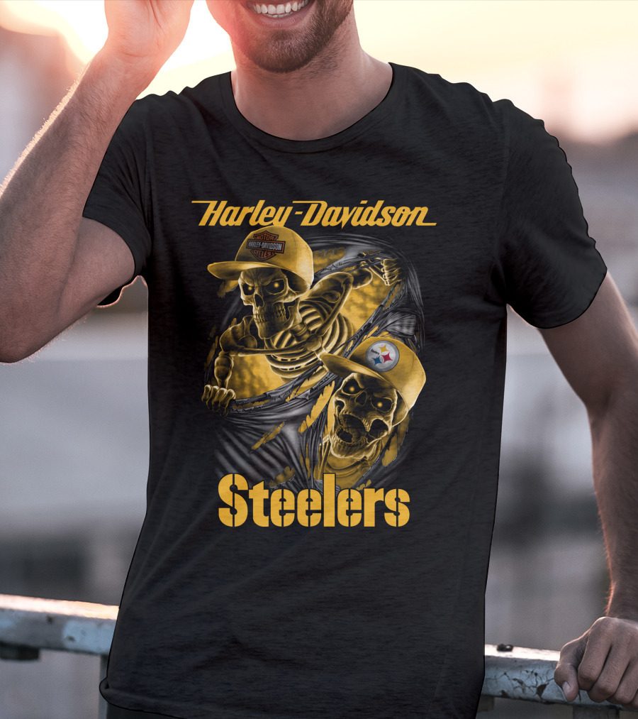 Harley Davidson Steelers Skeletons With Pittsburgh Steelers And Harley T-Shirt