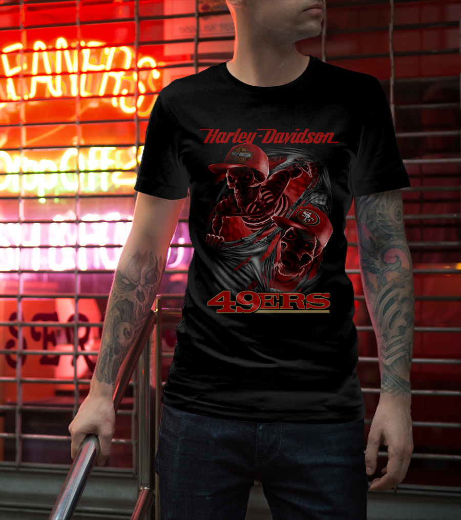 Harley Davidson 49ers Skeletons With San Francisco 49ers Caps T-Shirt