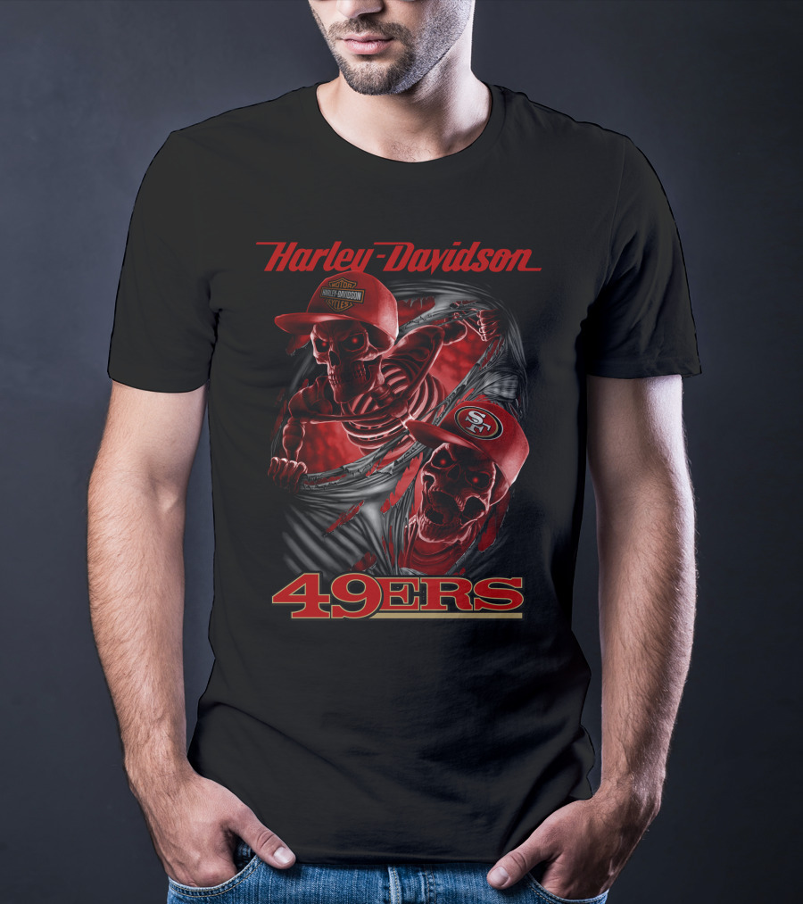 Harley Davidson 49ers Skeletons With San Francisco 49ers Caps T-Shirt