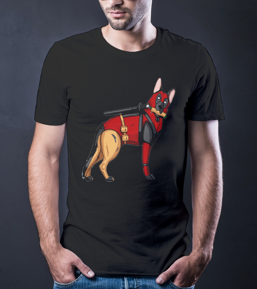 German Shepherd In Deadpool Costume With Sword And Bone T-Shirt