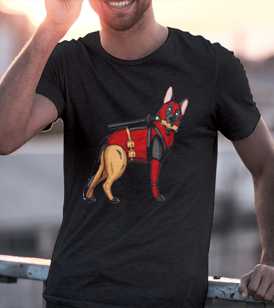 German Shepherd In Deadpool Costume With Sword And Bone T-Shirt
