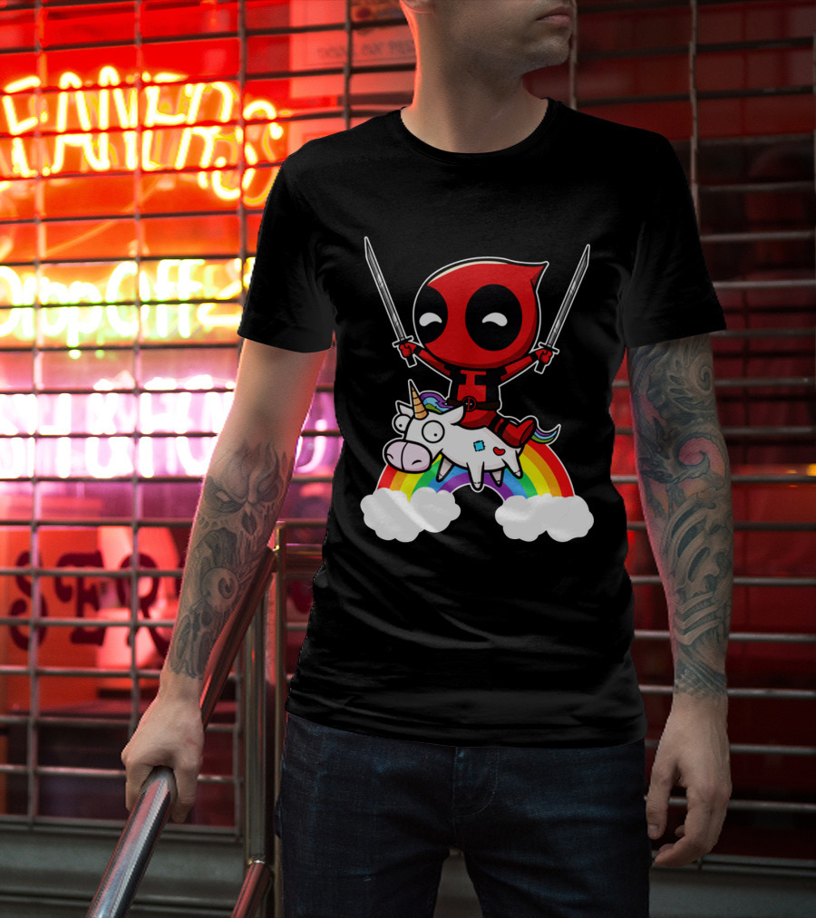Deadpool Riding Unicorn Over Rainbow With Dual Swords T-Shirt