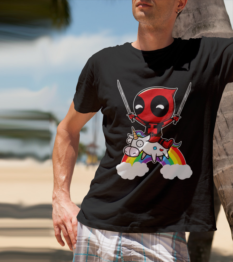 Deadpool Riding Unicorn Over Rainbow With Dual Swords T-Shirt