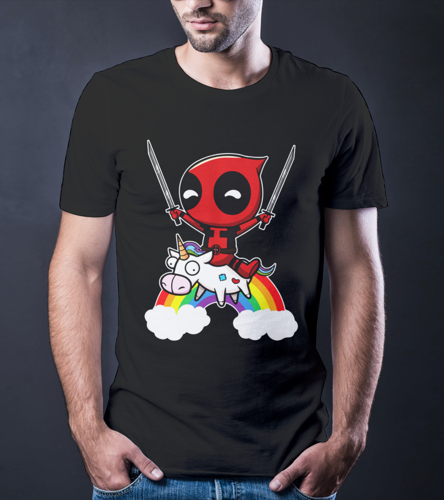 Deadpool Riding Unicorn Over Rainbow With Dual Swords T-Shirt