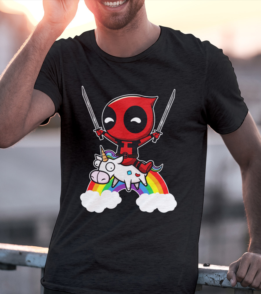 Deadpool Riding Unicorn Over Rainbow With Dual Swords T-Shirt