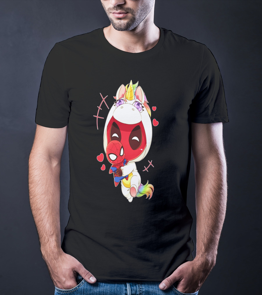 Deadpool IN Unicorn Costume Hugging Spiderman Plush With Hearts And Smiling Face T-Shirt
